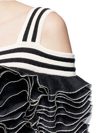 Detail View - Click To Enlarge - ALEXANDER MCQUEEN - Stripe panel ruffled mesh knit cold shoulder dress