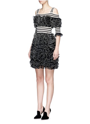 Front View - Click To Enlarge - ALEXANDER MCQUEEN - Stripe panel ruffled mesh knit cold shoulder dress