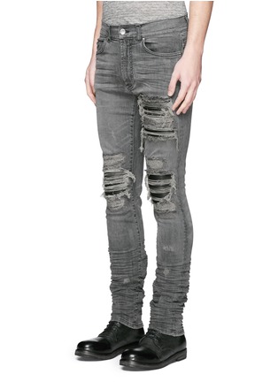 Front View - Click To Enlarge - AMIRI - 'MX1' leather patchwork distressed skinny jeans