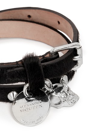 Detail View - Click To Enlarge - ALEXANDER MCQUEEN - Skull stud double wrap pony hair leather bracelet 