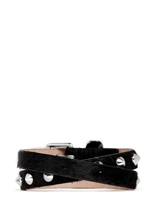 Back View - Click To Enlarge - ALEXANDER MCQUEEN - Skull stud double wrap pony hair leather bracelet 
