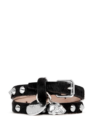 Main View - Click To Enlarge - ALEXANDER MCQUEEN - Skull stud double wrap pony hair leather bracelet 