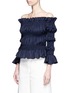 Front View - Click To Enlarge - 73401 - Ruffle smocked off-shoulder wool top