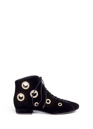 Main View - Click To Enlarge - STELLA LUNA - Faux pearl metal eyelet velvet lace-up boots