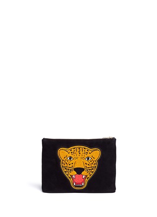 Back View - Click To Enlarge - CHARLOTTE OLYMPIA - Varsity suede pouch with tiger mascot badge