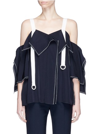 Main View - Click To Enlarge - COMME MOI - Petersham strap asymmetric ruffle cold shoulder top