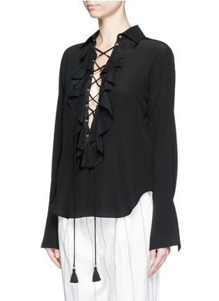 Front View - Click To Enlarge - CHLOÉ - Ruffle lace-up silk crepe de Chine blouse