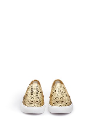 Front View - Click To Enlarge - TORY BURCH - 'Roselle' lasercut metallic leather skate slip-ons