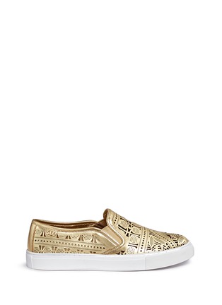 Main View - Click To Enlarge - TORY BURCH - 'Roselle' lasercut metallic leather skate slip-ons