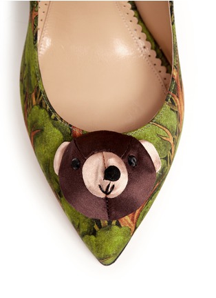 Detail View - Click To Enlarge - CHARLOTTE OLYMPIA - Enchanted Forest print teddy bear satin pumps