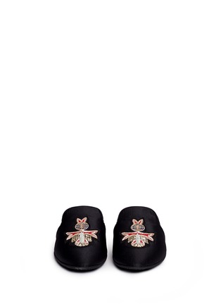 Front View - Click To Enlarge - JOSHUA SANDERS - Embroidered badge satin mules