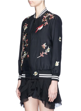 Front View - Click To Enlarge - ALICE & OLIVIA - 'Lila' floral and bird embroidered satin bomber jacket