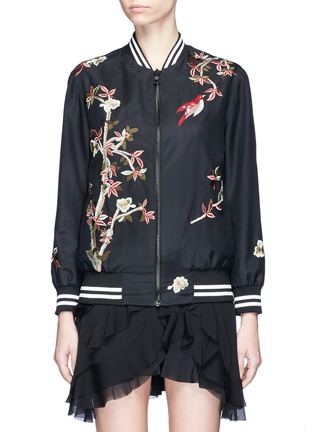 Main View - Click To Enlarge - ALICE & OLIVIA - 'Lila' floral and bird embroidered satin bomber jacket