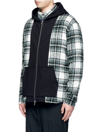 Front View - Click To Enlarge - THE WORLD IS YOUR OYSTER - Check plaid hooded fleece shirt jacket