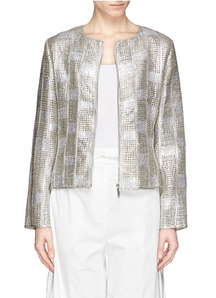 Detail View - Click To Enlarge - ARMANI COLLEZIONI - Collarless checker leather jacket