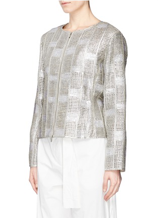 Front View - Click To Enlarge - ARMANI COLLEZIONI - Collarless checker leather jacket