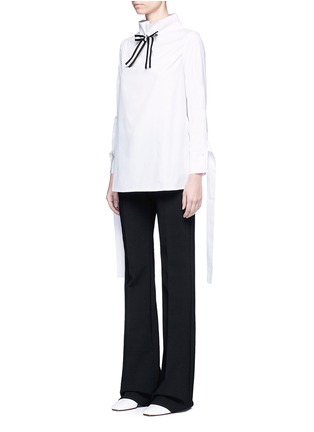 Front View - Click To Enlarge - HELEN LEE - Stripe ribbon tie neck cotton blouse