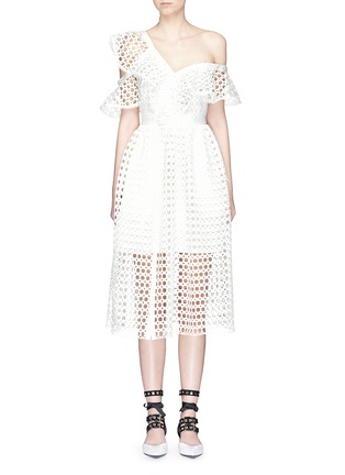 Main View - Click To Enlarge - SELF-PORTRAIT - Asymmetric frill guipure lace one-shoulder midi dress