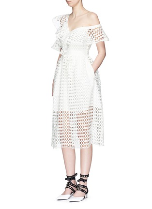 Figure View - Click To Enlarge - SELF-PORTRAIT - Asymmetric frill guipure lace one-shoulder midi dress