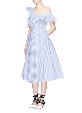 Figure View - Click To Enlarge - SELF-PORTRAIT - Asymmetric frill stripe one-shoulder shirt dress