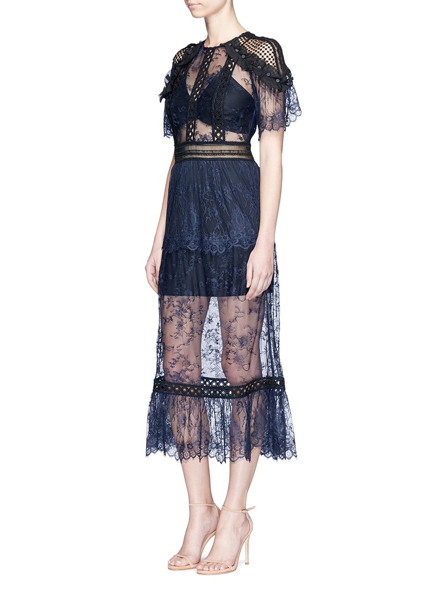 4 Stores In Stock: SELF-PORTRAIT Frill-Shoulder Fine Lace Midi Dress ...