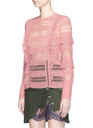 Front View - Click To Enlarge - SELF-PORTRAIT - Ruffle stripe and grid guipure lace top