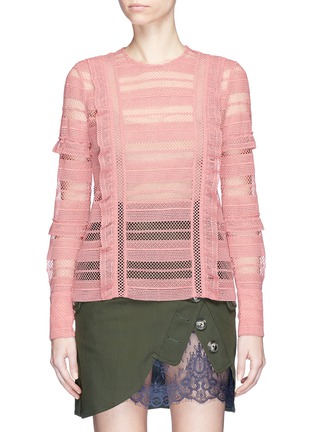 Main View - Click To Enlarge - SELF-PORTRAIT - Ruffle stripe and grid guipure lace top