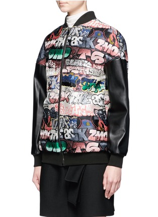 Front View - Click To Enlarge - GIAMBA - Faux leather sleeve graffiti jacquard bomber jacket