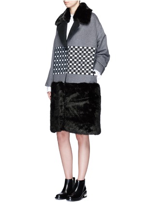 Figure View - Click To Enlarge - CYNTHIA & XIAO - Check ribbon wool-cashmere faux fur coat