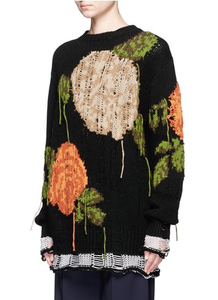 Front View - Click To Enlarge - MSGM - Rose intarsia distressed wool blend grunge sweater