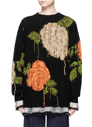 Main View - Click To Enlarge - MSGM - Rose intarsia distressed wool blend grunge sweater