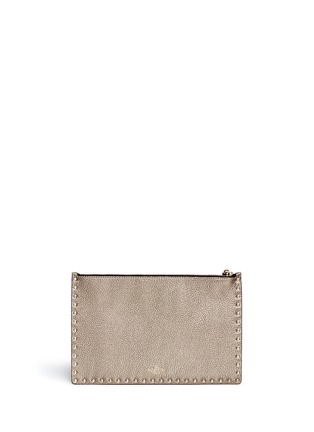 Back View - Click To Enlarge - VALENTINO GARAVANI - 'Rockstud' large metallic leather flat zip pouch