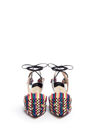 Front View - Click To Enlarge - ISA TAPIA - 'Matilda1' pompom tie basketweave leather pumps