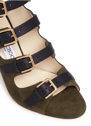 Detail View - Click To Enlarge - JIMMY CHOO - 'Trick 85' contrast leather strap caged suede sandals