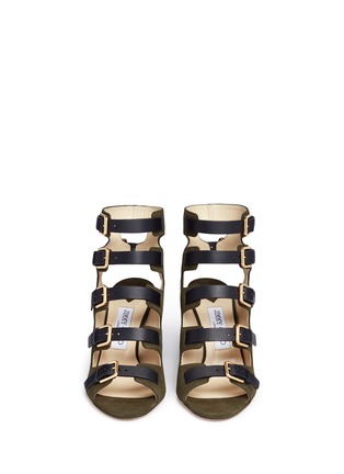 Front View - Click To Enlarge - JIMMY CHOO - 'Trick 85' contrast leather strap caged suede sandals