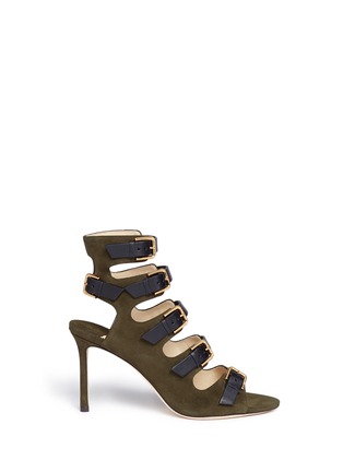 Main View - Click To Enlarge - JIMMY CHOO - 'Trick 85' contrast leather strap caged suede sandals