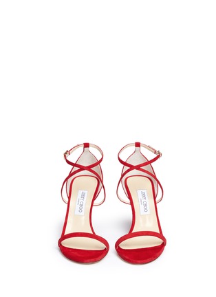 Front View - Click To Enlarge - JIMMY CHOO - 'Hesper 85' crisscross strap suede sandals