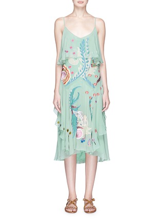 Main View - Click To Enlarge - 68244 - 'Chimera' bird and floral embroidered ruffle silk dress