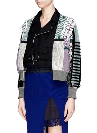 Front View - Click To Enlarge - TOGA ARCHIVES - Faux leather ribbon jacquard cardigan combo biker jacket