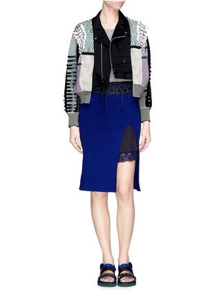 Figure View - Click To Enlarge - TOGA ARCHIVES - Faux leather ribbon jacquard cardigan combo biker jacket