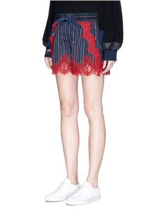 Front View - Click To Enlarge - SACAI - Lace trim stripe cupro drawstring shorts