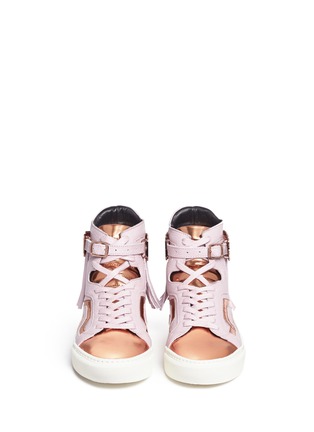 Front View - Click To Enlarge - EUGÈNE RICONNEAUS - 'Nicole' mirror leather fringe combo high top sneakers
