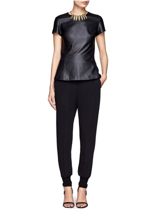 Figure View - Click To Enlarge - THEORY - Round neck short-sleeve leather peplum top
