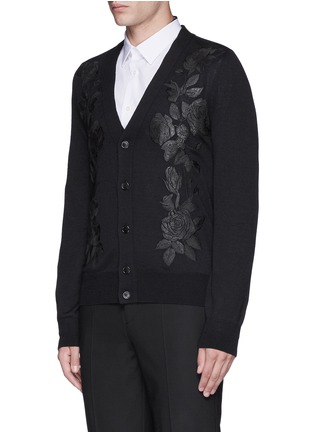Front View - Click To Enlarge - ALEXANDER MCQUEEN - Waxed floral embroidery wool-silk cardigan
