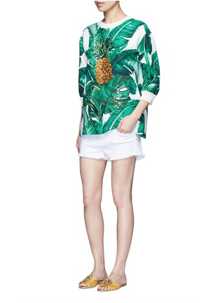 Figure View - Click To Enlarge - - - Pineapple embroidery leaf print brocade top