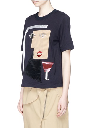 Front View - Click To Enlarge - MUVEIL - Geometric woman face embellished T-shirt