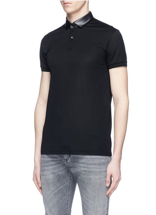 Front View - Click To Enlarge - SAINT LAURENT - Lambskin leather collar piqué polo shirt