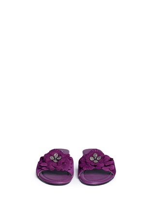 Front View - Click To Enlarge - JIMMY CHOO - 'Neave' strass floral appliqué suede slide sandals