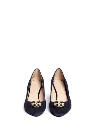 Front View - Click To Enlarge - TORY BURCH - 'Luna' metal logo suede wedge pumps
