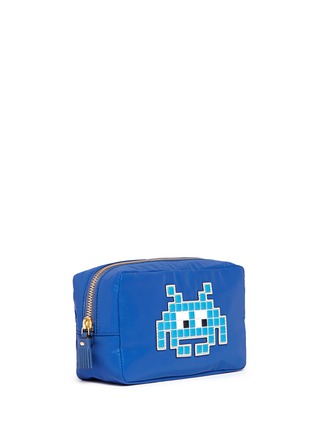 Front View - Click To Enlarge - ANYA HINDMARCH - 'Space Invaders' leather character reflective nylon cosmetics pouch